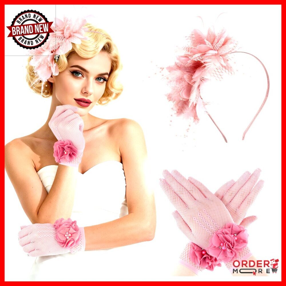 Women's Fascinator Hat with Feather Veil and Mesh Gloves Set for Tea Party